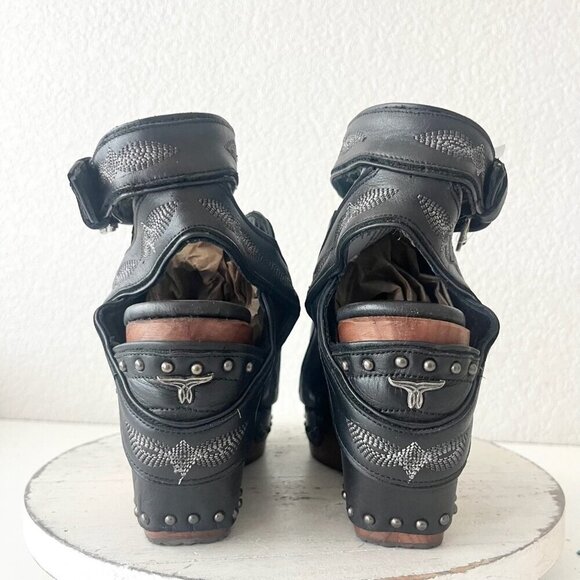 Lane Boots LEXINGTON Womens Black Wedges 10 Western Sandals Cowgirl Wooden Heel - Picture 3 of 11